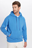 Unisex Oversize Geniş Kesim Pamuklu Yumuşak Dokulu İçi Polarlı Basic Mavi Kapüşonlu Sweatshirt
