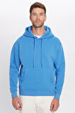 Unisex Oversize Geniş Kesim Pamuklu Yumuşak Dokulu İçi Polarlı Basic Mavi Kapüşonlu Sweatshirt