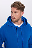 Unisex Oversize Geniş Kesim Pamuklu Yumuşak Dokulu İçi Polarlı Basic Sax Mavi Kapüşonlu Sweatshirt
