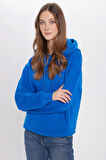 Unisex Oversize Geniş Kesim Pamuklu Yumuşak Dokulu İçi Polarlı Basic Sax Mavi Kapüşonlu Sweatshirt