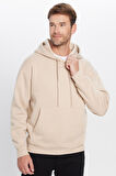 Unisex Oversize Geniş Kesim Pamuklu Yumuşak Dokulu İçi Polarlı Basic Bej Kapüşonlu Sweatshirt