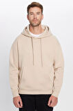 Unisex Oversize Geniş Kesim Pamuklu Yumuşak Dokulu İçi Polarlı Basic Bej Kapüşonlu Sweatshirt