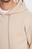Unisex Oversize Geniş Kesim Pamuklu Yumuşak Dokulu İçi Polarlı Basic Bej Kapüşonlu Sweatshirt