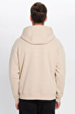 Unisex Oversize Geniş Kesim Pamuklu Yumuşak Dokulu İçi Polarlı Basic Bej Kapüşonlu Sweatshirt