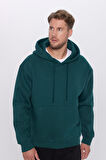 Unisex Oversize Geniş Kesim Pamuklu Yumuşak Dokulu İçi Polarlı Basic Yeşil Kapüşonlu Sweatshirt