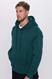 Unisex Oversize Geniş Kesim Pamuklu Yumuşak Dokulu İçi Polarlı Basic Yeşil Kapüşonlu Sweatshirt
