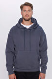 Unisex Oversize Geniş Kesim Pamuklu Yumuşak Dokulu İçi Polarlı Basic Gri Kapüşonlu Sweatshirt
