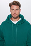 Unisex Oversize Geniş Kesim Pamuklu Yumuşak Dokulu İçi Polarlı Basic Yeşil Kapüşonlu Sweatshirt