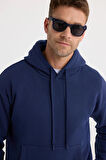 Unisex Oversize Geniş Kesim Pamuklu Yumuşak Dokulu İçi Polarlı Basic Lacivert Kapüşonlu Sweatshirt