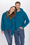 Unisex Oversize Geniş Kesim Pamuklu Yumuşak Dokulu İçi Polarlı Basic Petrol Kapüşonlu Sweatshirt