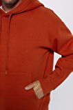 Unisex Oversize Geniş Kesim Pamuklu Yumuşak Dokulu İçi Polarlı Basic Kiremit Renk Kapüşonlu Sweatshirt
