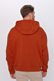 Unisex Oversize Geniş Kesim Pamuklu Yumuşak Dokulu İçi Polarlı Basic Kiremit Renk Kapüşonlu Sweatshirt