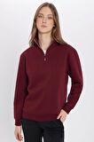 Unisex Relax Fit Rahat Kesim Pamuklu İçi Polarlı Yarım Fermuarlı Bordo Dik Yaka Sweatshirt
