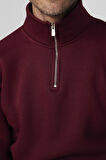 Unisex Relax Fit Rahat Kesim Pamuklu İçi Polarlı Yarım Fermuarlı Bordo Dik Yaka Sweatshirt