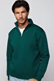 Unisex Relax Fit Rahat Kesim Pamuklu İçi Polarlı Yarım Fermuarlı Haki Dik Yaka Sweatshirt