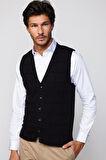 Slim Fit Kare Desenli Siyah Erkek Yelek
