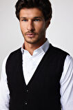Slim Fit Kare Desenli Siyah Erkek Yelek