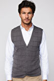Slim Fit Kare Desenli Gri Erkek Yelek