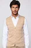 Slim Fit Kare Desenli Taş Rengi Erkek Yelek