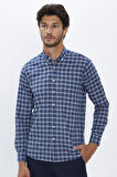 Erkek Regular Fit Klasik Kesim Düğmeli Yaka Küçük Kareli Pamuklu Lacivert Gömlek