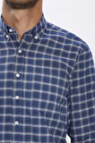 Erkek Regular Fit Klasik Kesim Düğmeli Yaka Küçük Kareli Pamuklu Lacivert Gömlek