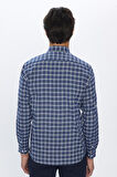 Erkek Regular Fit Klasik Kesim Düğmeli Yaka Küçük Kareli Pamuklu Lacivert Gömlek