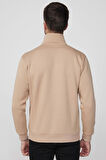 Unisex Relax Fit Rahat Kesim Pamuklu İçi Polarlı Yarım Fermuarlı Taş Renk Dik Yaka Sweatshirt