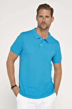 Erkek Slim Fit Dar Kesim %100 Pamuk Düz Pike Mavi Polo Yaka Tişört