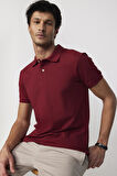 Erkek Slim Fit Dar Kesim %100 Pamuk Düz Pike Bordo Polo Yaka Tişört