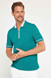 Erkek Slim Fit Dar Kesim %100 Pamuk Düz Pike Fermuarlı Yeşil Polo Yaka Tişört