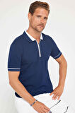 Erkek Slim Fit Dar Kesim %100 Pamuk Düz Pike Fermuarlı Lacivert Polo Yaka Tişört