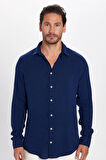 Slim Fit Uzun Kollu Dar Kesim Dökümlü Viskon Şık Lacivert Erkek Gömlek