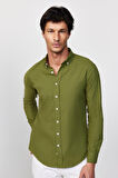 Erkek Slim Fit Dar Kesim %100 Pamuk Keten Doku Düğmeli Yaka Haki Gömlek
