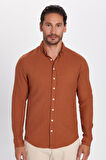 Erkek Slim Fit Dar Kesim %100 Pamuk Keten Doku Düğmeli Yaka Kiremit Renk Gömlek