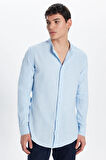Erkek Slim Fit Dar Kesim Uzun Kollu %100 Pamuk Keten Doku Hakim Yaka Mavi Gömlek