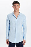 Erkek Slim Fit Dar Kesim Uzun Kollu %100 Pamuk Keten Doku Hakim Yaka Mavi Gömlek