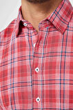Erkek Slim Fit Dar Kesim Uzun Kollu %100 Pamuk Keten Doku Kareli Gömlek