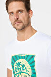 Erkek Slim Fit Dar Kesim %100 Pamuk Yumuşak Dokulu Baskılı Beyaz Bisiklet Yaka Tişört