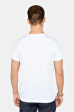 Erkek Slim Fit Dar Kesim %100 Pamuk Yumuşak Dokulu Baskılı Beyaz Bisiklet Yaka Tişört