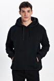 Unisex Oversize Geniş Kesim Pamuklu Yumuşak Dokulu İçi Polarlı Basic Siyah Kapüşonlu Sweatshirt