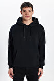 Unisex Oversize Geniş Kesim Pamuklu Yumuşak Dokulu İçi Polarlı Basic Siyah Kapüşonlu Sweatshirt