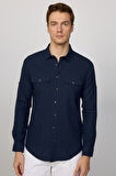 Erkek Slim Fit Dar Kesim %100 Pamuk Keten Doku Çift Cep Spor Yaka Lacivert Gömlek