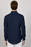 Erkek Slim Fit Dar Kesim %100 Pamuk Keten Doku Çift Cep Spor Yaka Lacivert Gömlek