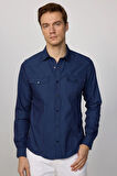 Slim Fit Uzun Kollu Gündelik Denim Kot Lacivert Erkek Gömlek