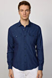 Slim Fit Uzun Kollu Gündelik Denim Kot Lacivert Erkek Gömlek