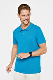 Erkek Slim Fit Dar Kesim %100 Pamuk Düz Pike Mavi Polo Yaka Tişört