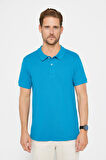 Erkek Slim Fit Dar Kesim %100 Pamuk Düz Pike Mavi Polo Yaka Tişört