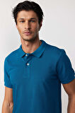 Erkek Slim Fit Dar Kesim %100 Pamuk Düz Pike Petrol Renk Polo Yaka Tişört