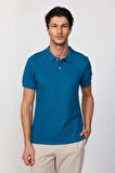Erkek Slim Fit Dar Kesim %100 Pamuk Düz Pike Petrol Renk Polo Yaka Tişört