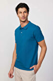 Erkek Slim Fit Dar Kesim %100 Pamuk Düz Pike Petrol Renk Polo Yaka Tişört